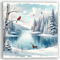 a painting of a red bird sitting on a tree next to a lake