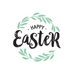 the words happy easter written in black and green lettering on a white background with leaves