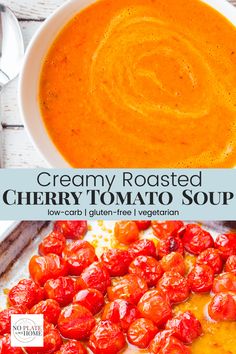 creamy roasted cherry tomato soup in a white bowl