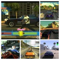 the screenshots are showing different cars and people in various positions, including one with a skateboard