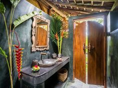 a bathroom with a sink, mirror and plants on the counter in front of it