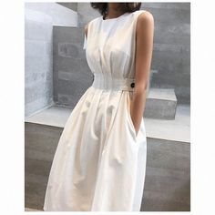 Olivia Mark - Elegant Sleeveless Dress with Back Panel and Adjustable Waist White Women Dresses, Womens Long Dresses, Sleeveless Gown, Elegant Dresses For Women, Midi Dress Party, Elegant Dresses Long, Crewneck Dress, Midi Dress Summer, White Midi Dress