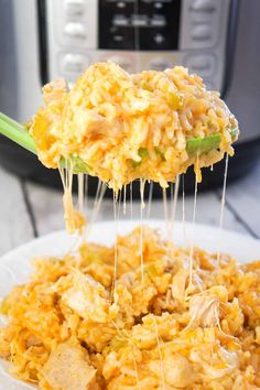 a spoon full of rice on top of a white plate next to an instant pressure cooker