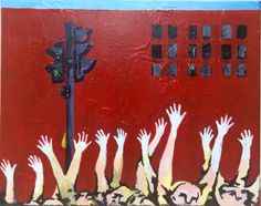 a painting of many hands reaching up towards a traffic light on a red wall with blue trim