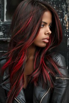 Enhanced with vibrant cherry red streaks, chocolate brown hair becomes a bold statement of color and personality. This fiery addition creates a dynamic and energetic look, ideal for those wanting to stand out. Click to see more in the article below! Color Streaks In Brown Hair, Red Hair With Brown, Red Streaks In Brown Hair, Brown Hair With Red, Brown Hair Trends, Vibrant Red Hair, Hair Glam, Red Hair Inspiration