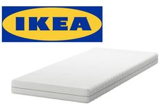 the ikea mattress is next to an image of a blue and yellow sign that says ikea