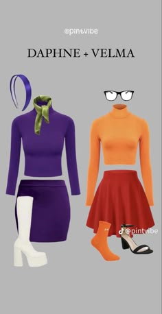 two outfits with different colors and styles on them, one in orange and the other in purple