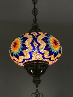 a colorful lamp hanging from the ceiling