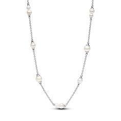 Shine like there's no tomorrow with our Treated Freshwater Cultured Pearl Station Chain Necklace. Crafted in sterling silver, this silver pearl necklace features 13 white treated freshwater cultured pearls, each uniquely beautiful. They're set along a 45 cm cable chain, with adjustable lengths of 42 cm and 38 cm to suit your style. Whether a symbol of wisdom, beauty, or love, this necklace is a perfect gift for someone special or a stylish addition to your own collection. Please note that each treated freshwater cultured pearl is unique and can vary in size and colour; normal wear and tear may occur with this material. Our freshwater cultured pearls are treated with bleaching and lustre enhancement. Pandora Pearl, Bracelet Pandora, Silver Pearl Necklace, Freshwater Cultured Pearls, Metal Necklaces, Pandora Jewelry, Necklace Sizes, Silver Pearls, Sterling Silver Charm