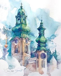 watercolor painting of an old church with steeples