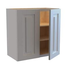 a white cabinet with two doors and shelves