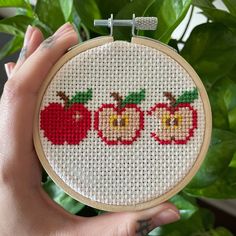 a hand holding up a cross stitch hoop with two apples on it