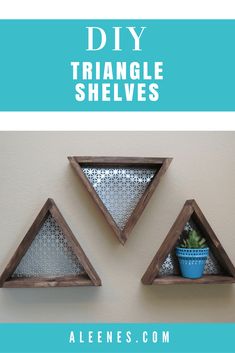 three triangle shelves with plants in them and text overlay that reads diy triangle shelves