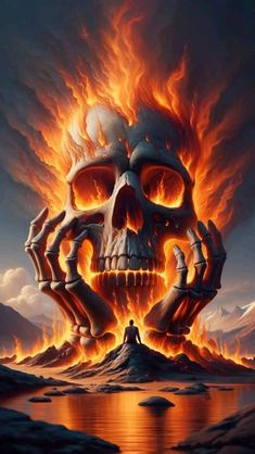 a painting of a skull with flames coming out of it's face and hands