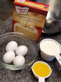 ingredients for lemon cake sitting on a counter