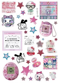 hello kitty stickers are on display with other items in front of the image,