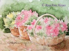 watercolor painting of pink and white flowers in baskets by rose ann hayes, artist