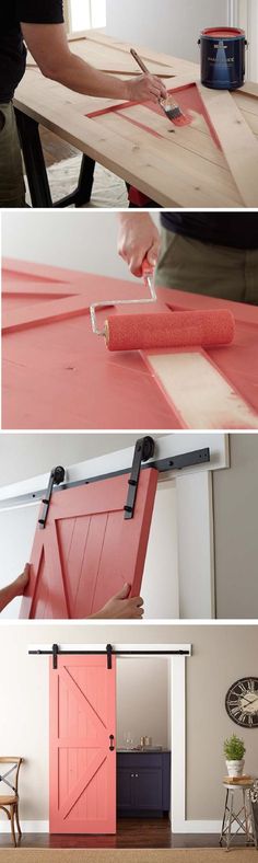 the process of painting an open barn door is shown in three different pictures, including paint and