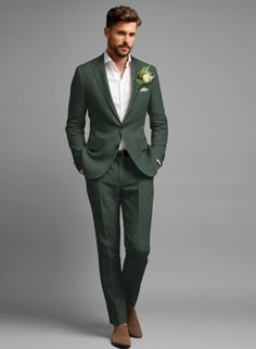 Green Suit For Groom, Male Wedding Suits, Hunter Green Suit, Forest Green Suit, Green Linen Suit, Dark Green Suit, Male Wedding Guest Outfit, Green Suits