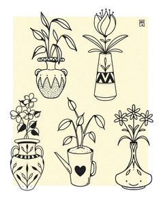 four vases with flowers and plants in them on a white background, one has a heart