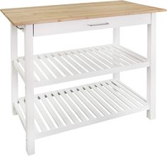 a white kitchen island with wooden top and two shelves on the bottom, against a white background