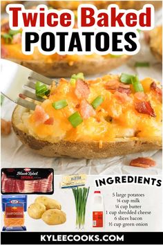 an advertisement for twice baked potatoes with bacon, cheese and green onions on the side