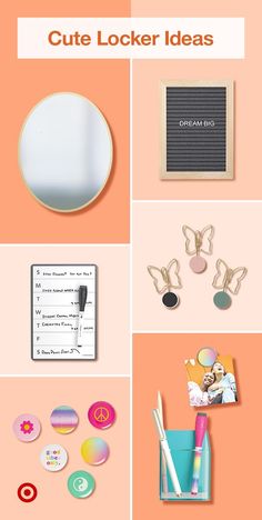 an assortment of different items on a pink background with the words cute locker ideas above them