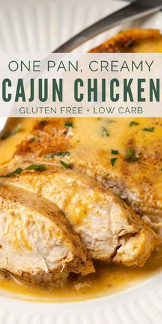 one pan creamy cajun chicken recipe on a white plate with yellow sauce and garnish