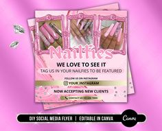 the flyer is designed to look like pink and white nails with glitters on them