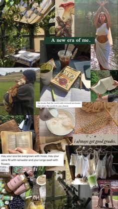 a collage of photos with words and pictures on them that include books, clothes, food, and other things