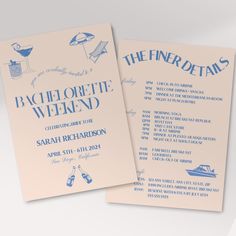 two wedding programs with blue ink on white paper, one for bachelors and the other for bachelors