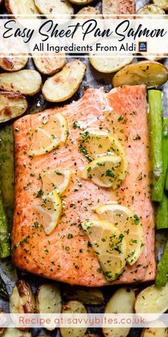 salmon and asparagus on a sheet with the title honey garlic sheet pan salmon