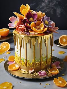 a cake decorated with flowers and oranges on a table next to sliced oranges