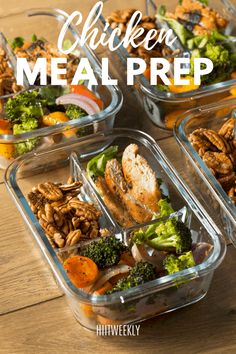 chicken meal prep in plastic containers on a wooden table with text overlay that reads chicken meal prep