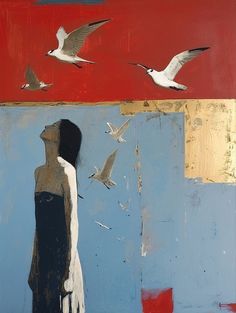 a painting of a person standing in front of birds