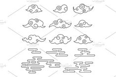 nine clouds in the sky with different shapes and sizes, all drawn by one line