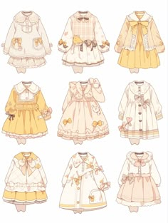 several different types of dresses and clothes for girls with bows on the collars, long sleeves