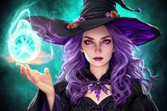 a woman with purple hair wearing a witches hat and holding a crystal ball in her hand