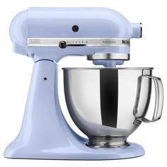 an image of a blue kitchen mixer on a white background with clippings to the side