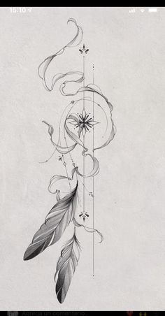 a black and white drawing of a flower with feathers hanging from it's side