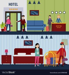 two hotel rooms with people and luggage