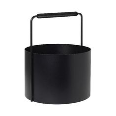 a black metal bucket with a wooden handle