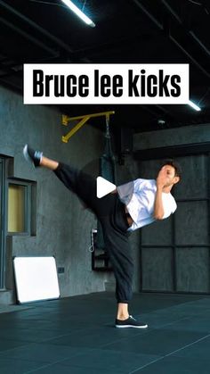 a man is doing a kick in the middle of a dance floor with words above him that read bruce lee kicks