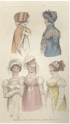 Lady's Monthly Museum, Various Dresses, March 1807. 6-3/4" x 4". Page yellowed due to age. Obvious difference in paper color where frame used to be. An original early fashion plate with hand colour. The Lady's Monthly Museum; Or, Polite Repository of Amusement and Instruction was an English monthly women's magazine published between 1798 and 1832. 1810 Fashion, Empire Clothing, Regency Clothing, Empire Outfit, 1820s Fashion, 19th Century Women, Regency Era Fashion, 1800s Fashion, Regency Dress