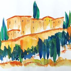 watercolor painting of houses and trees on a hill