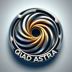 the qud astra logo is shown on a gray background with gold and silver swirls