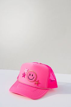 This colorful, preppy one-of-a-kind hat will make heads turn! The mix of smiley face and star patches bring big cheer and style to any outfit. Details: 100-percent polyester Adjustable back Designed in our Dallas creative studio Final sale Dimensions: Foam front high crown: 4" Preppy Hats, Picnic Bday, Smiley Face Hat, Preppy Hat, Pink Smiley Face, Colorful Preppy, Trucker Hat Fashion, Light Grey Leggings, Star Patches