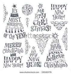 hand drawn lettering for christmas and new year's greetings on white paper with black ink