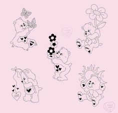 four cartoon bears with hearts and flowers on a pink background, one is holding a flower