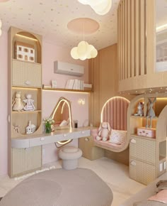 a child's bedroom is decorated in pink and gold